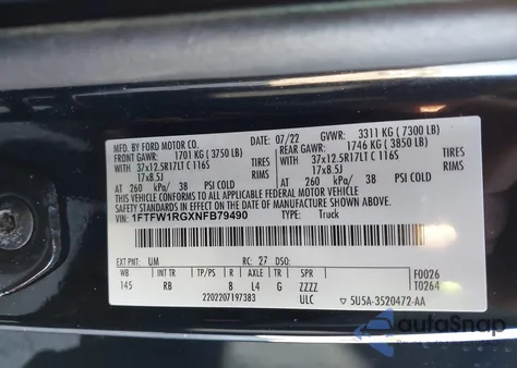 2022 Ford F-150 Raptor из США, поврежденный, VIN 1FTFW1RGXNFB79490